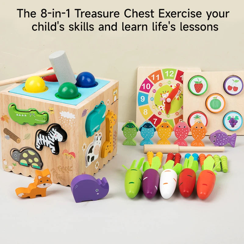 Set of wooden educational toys including a sorting cube and vegetable set on a light background.