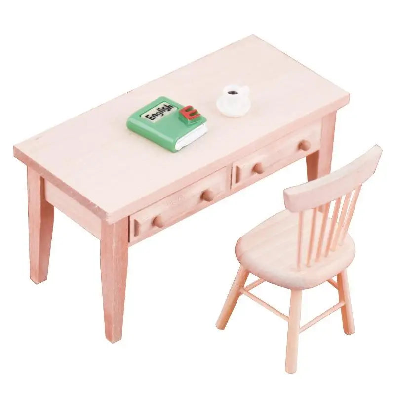 Mini Wooden Book Desk & Chair Set – 1:12 Scale Dollhouse Study Furniture