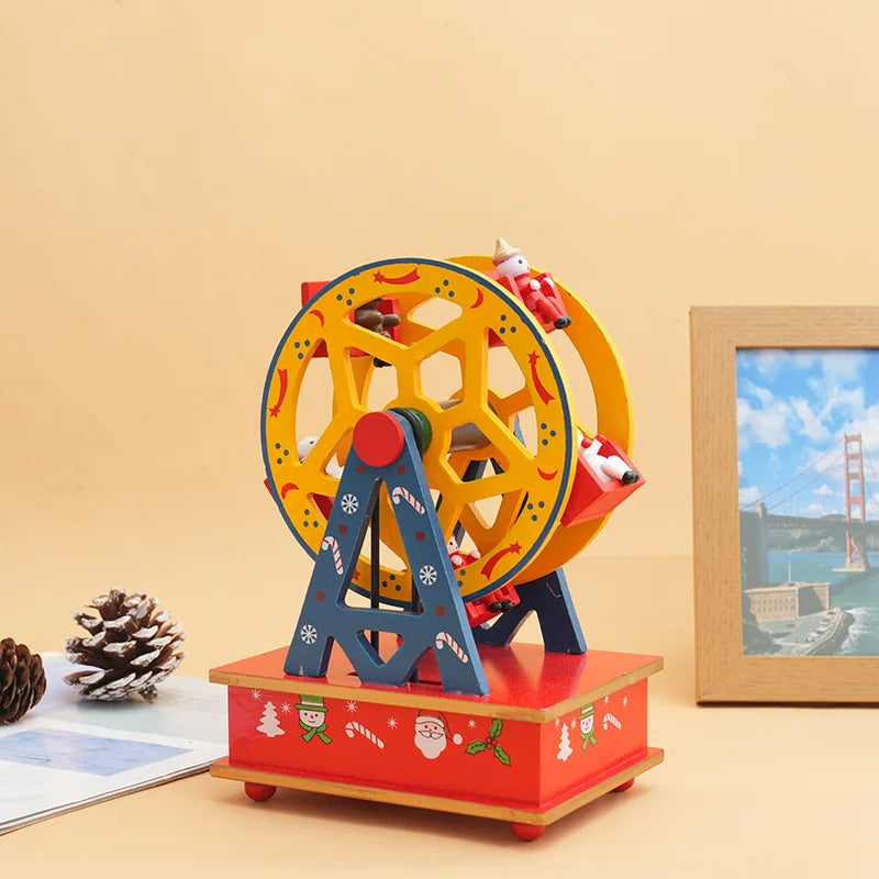 Wooden toy ferris wheel with Santa Claus figure on a beige background