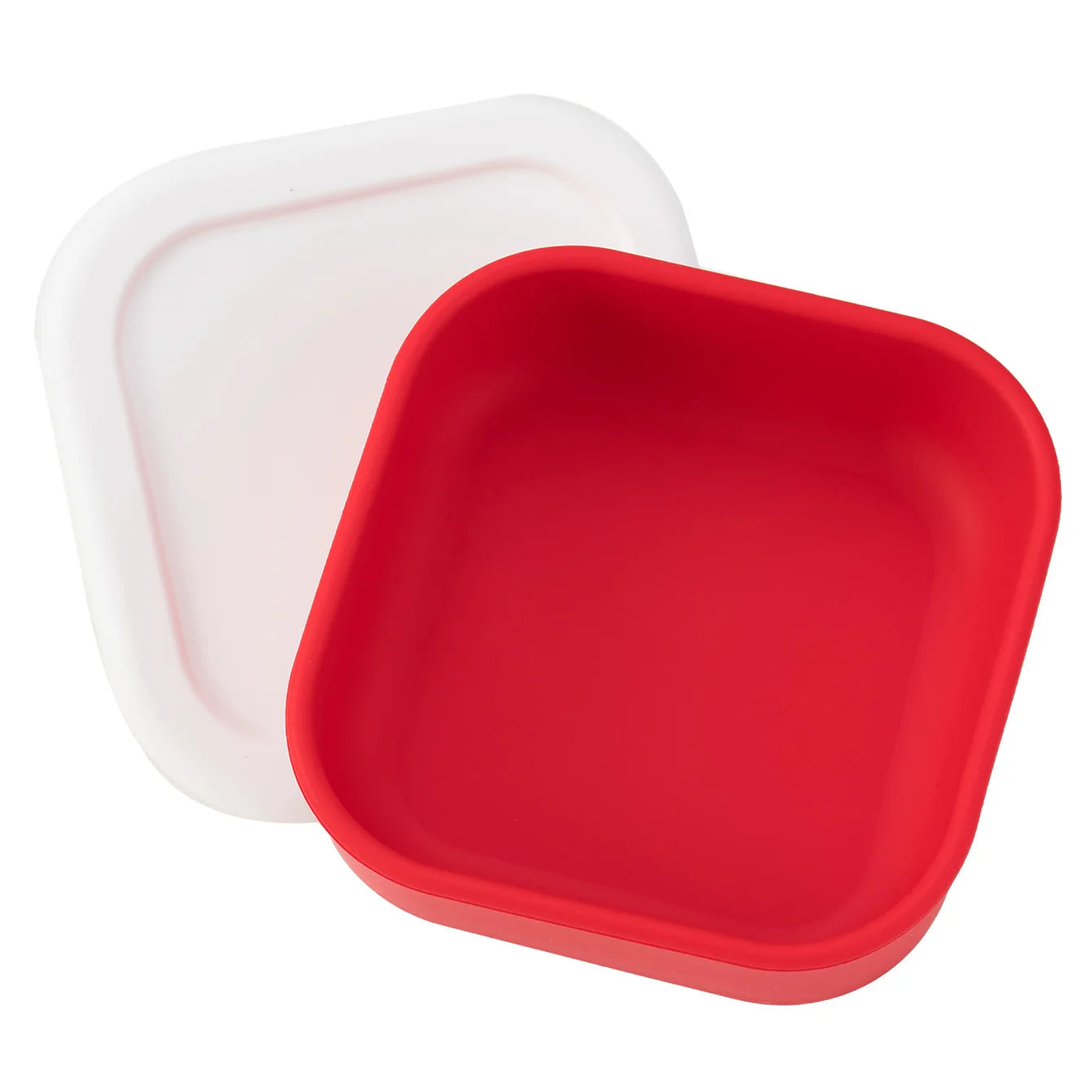 Square silicone snack container with lid in Red with White Lid