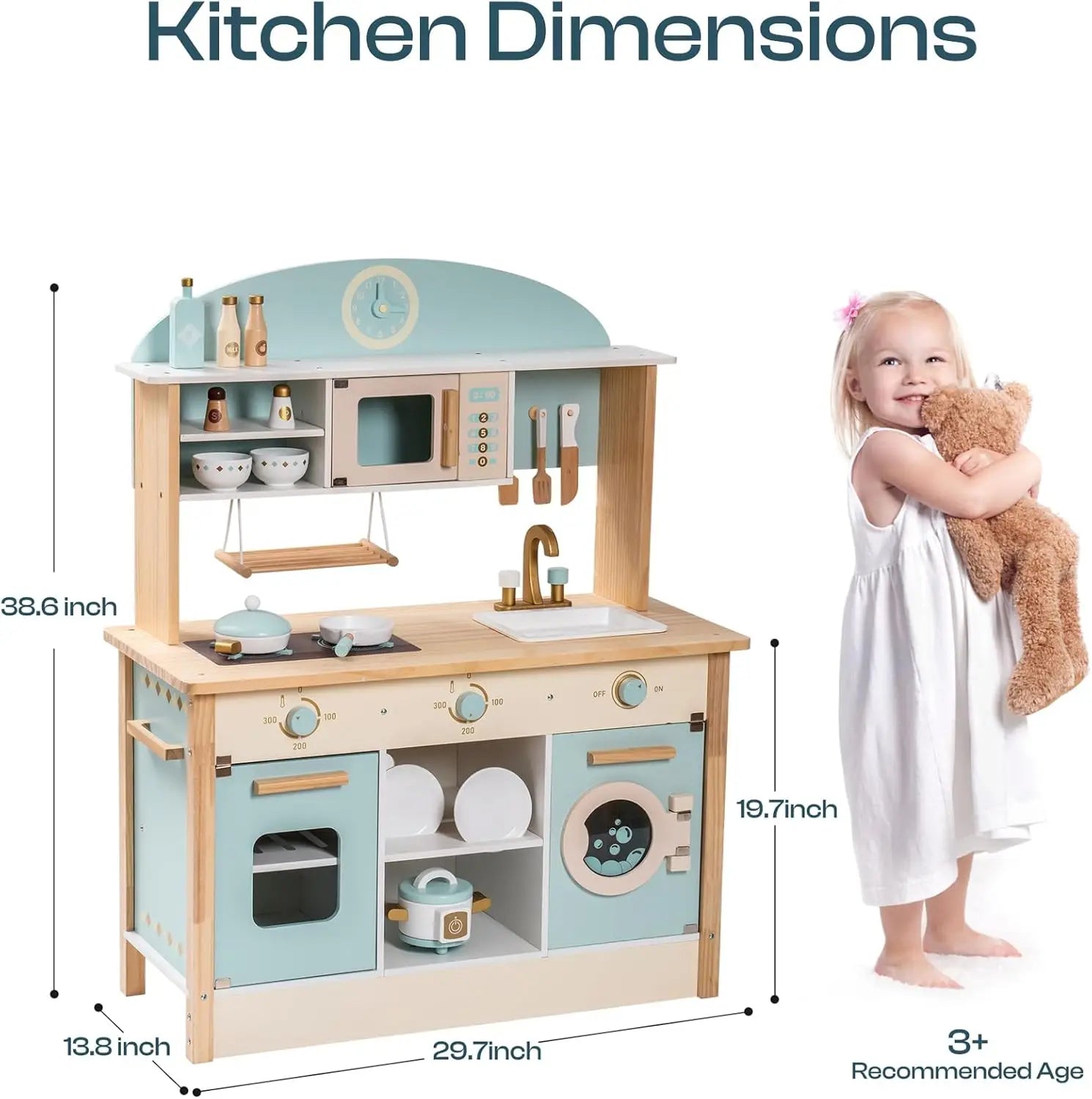 Children's play kitchen set with measurements and a child holding a teddy bear.