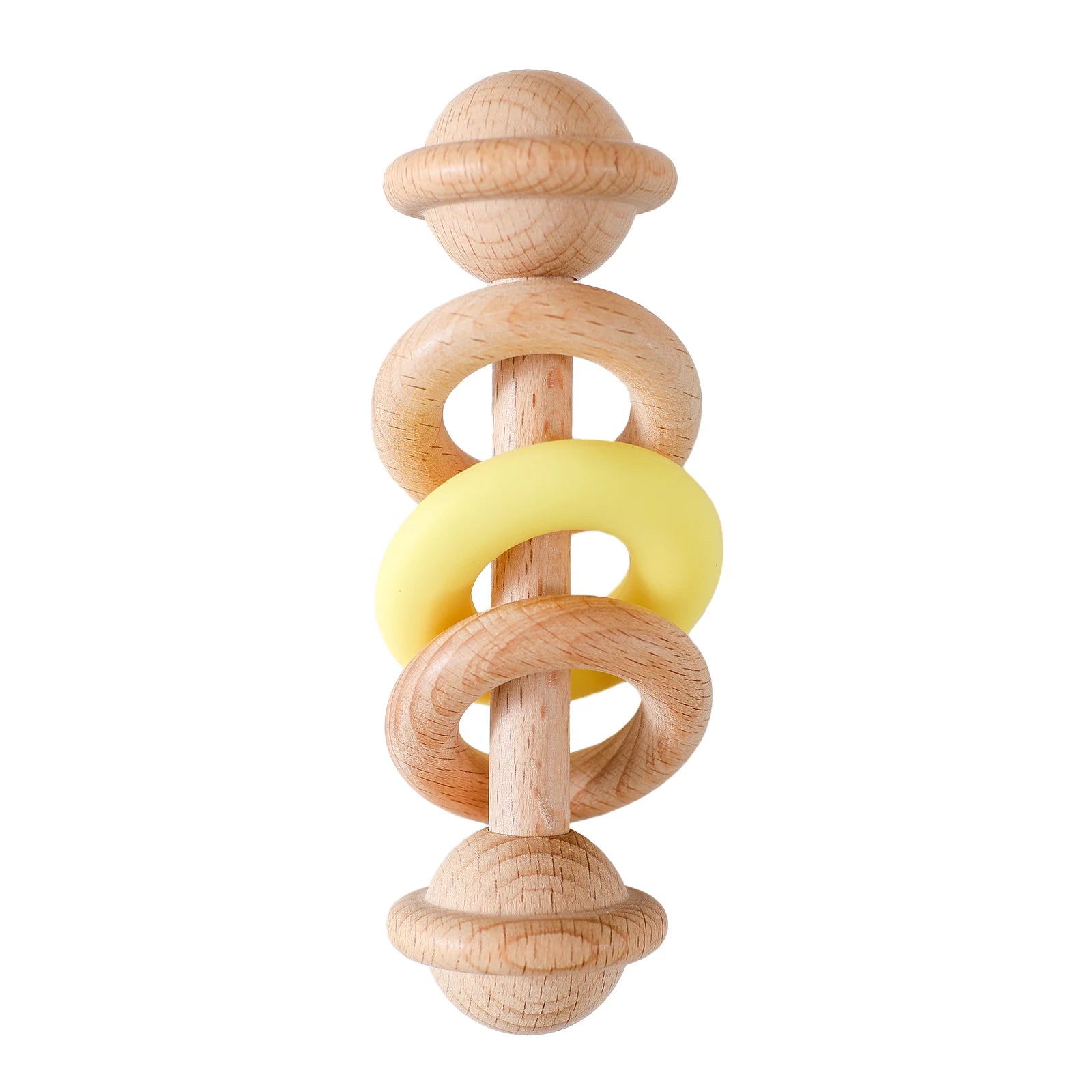 Wooden Baby Rattles with Silicone Rings featuring wooden structure and pliable silicone rings, designed for sensory exploration and motor skill development in infants.