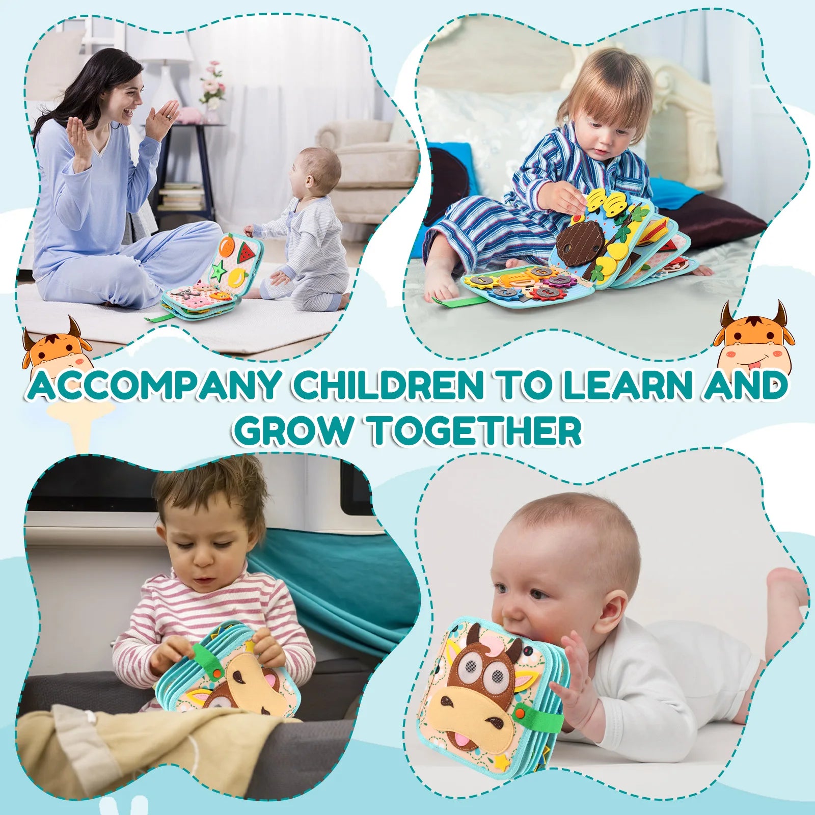 Children playing with educational toys, accompanied by text 'Accompany children to learn and grow together'.