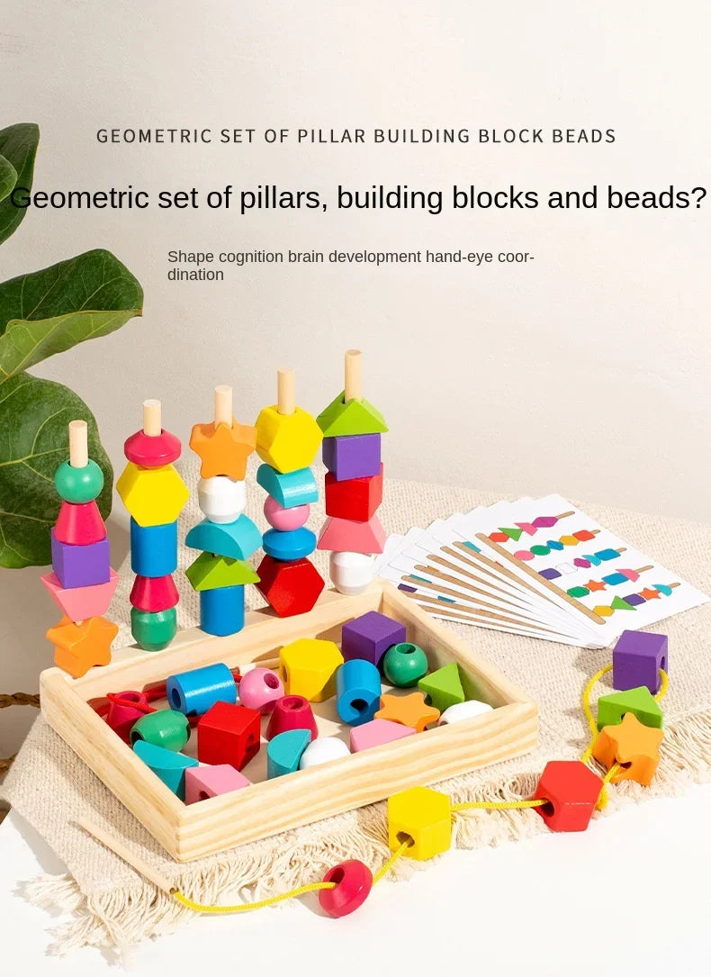 Colorful geometric building block set with beads on a light background