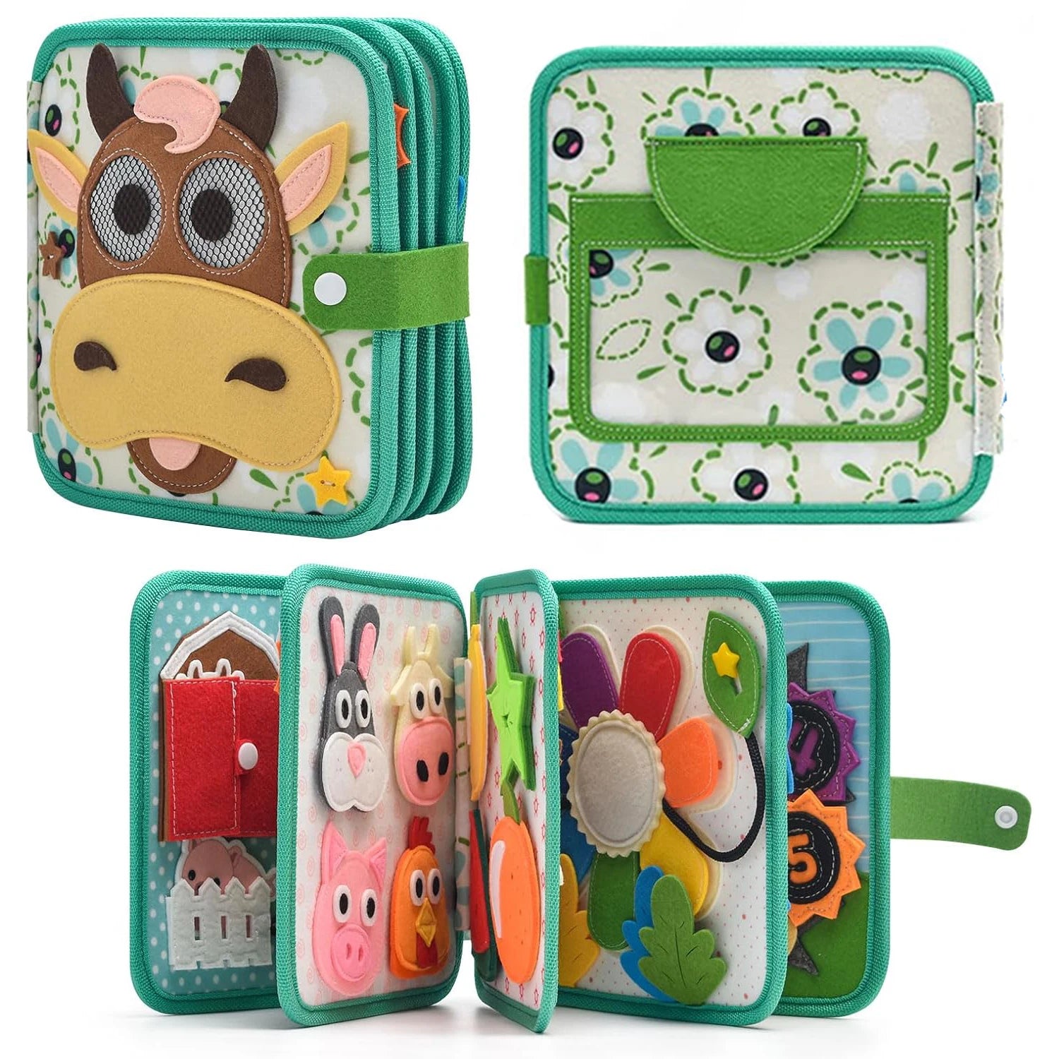 Children's educational book with animal and object illustrations on a white background