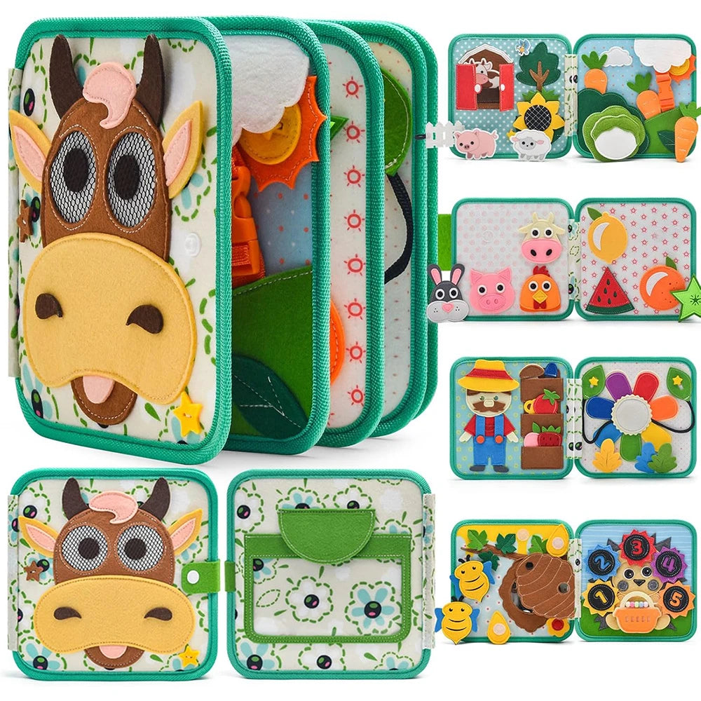 Set of children's educational books with animal illustrations and interactive elements.