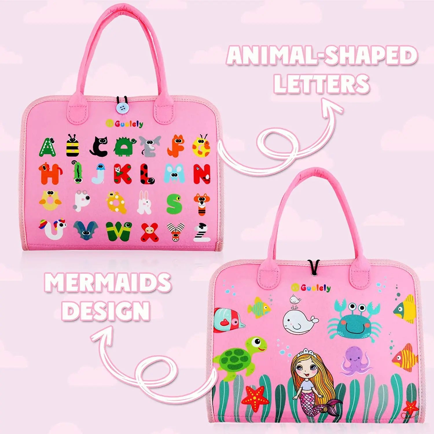 Two pink bags with animal-shaped letters and mermaid design on a light pink background