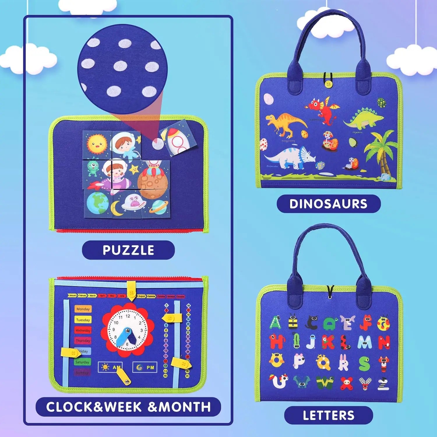 Educational toys with dinosaur, puzzle, clock, and letter designs on a blue background.
