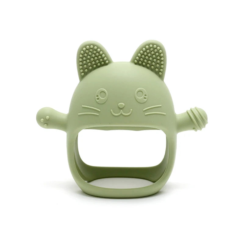 Green cat-shaped teething toy on a white background
