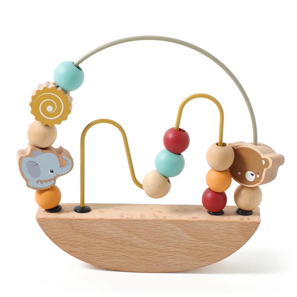 Wooden bead maze with elephant, bear and colored beads
