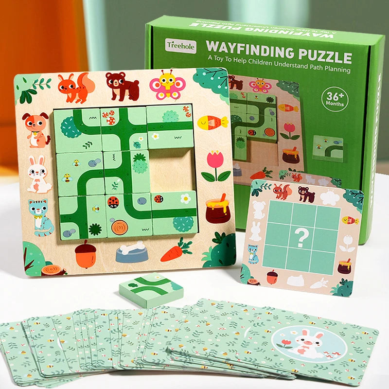 Montessori Wayfinding Puzzle Board with cards, a wooden puzzle in a square frame, and box, designed for educational play and cognitive development for ages 3-6.