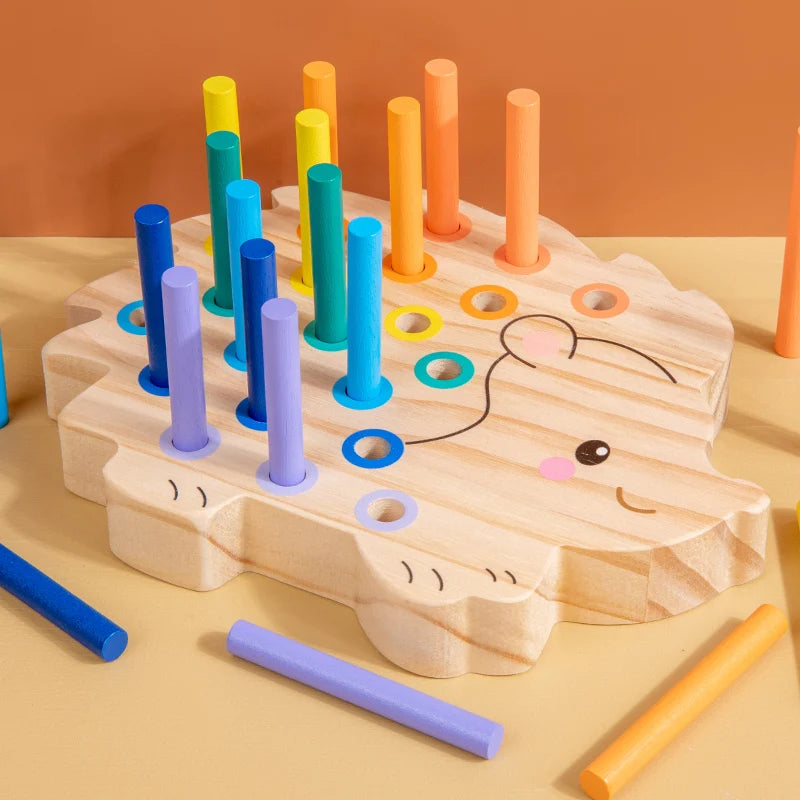 Wooden peg puzzle with colorful pegs on a beige surface