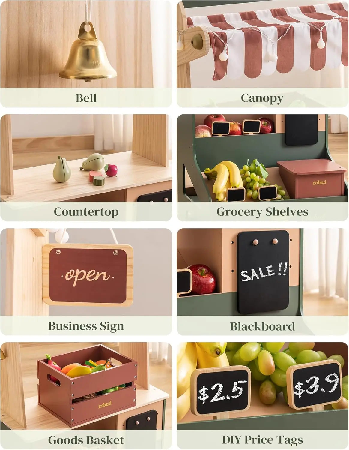 Collage of various small home decor items including a bell, canopy, countertop, grocery shelves, business sign, blackboard, goods basket, and DIY price tags.