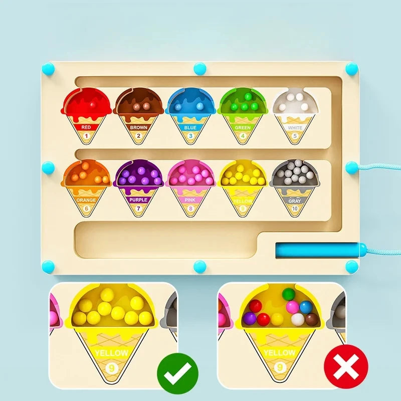 Wooden ice cream sorting toy with colorful compartments on a blue background