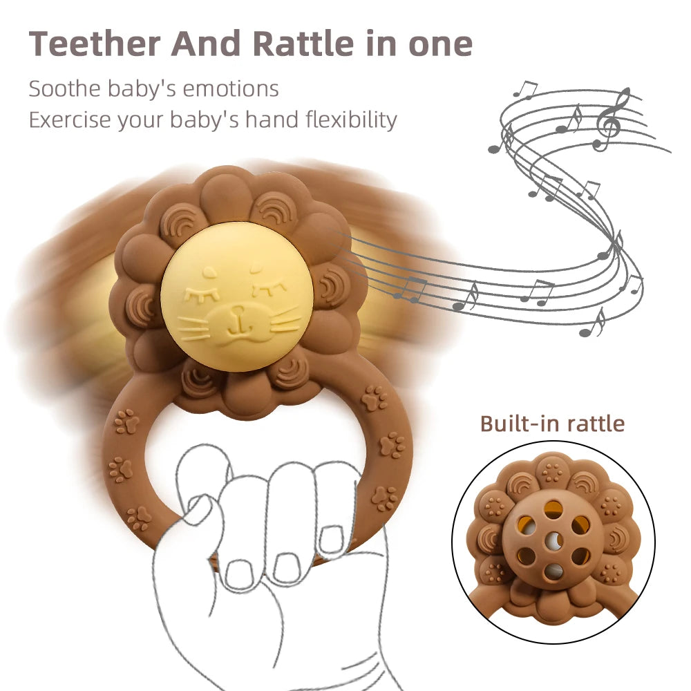 Baby teether and rattle with lion design, featuring a built-in rattle and musical notes.