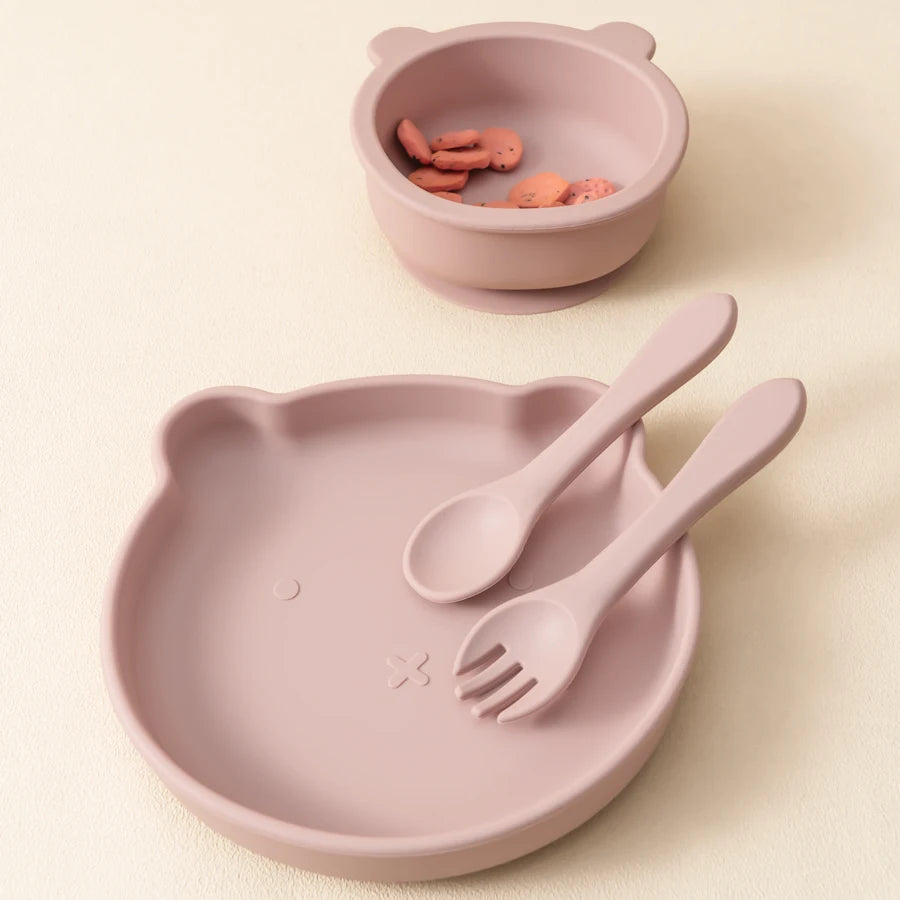 Powder rose bear plate and bowl with spoon and fork