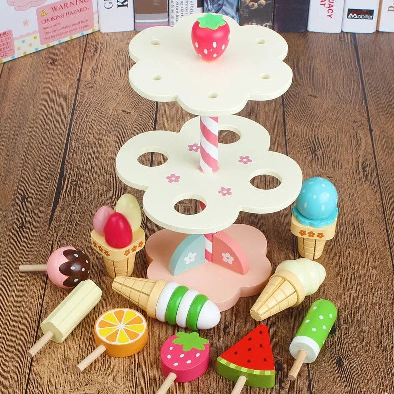 Strawberry Three-Layer Ice Cream Tree: A wooden toy set featuring stackable ice cream scoops, ideal for imaginative play in a Montessori-inspired environment.