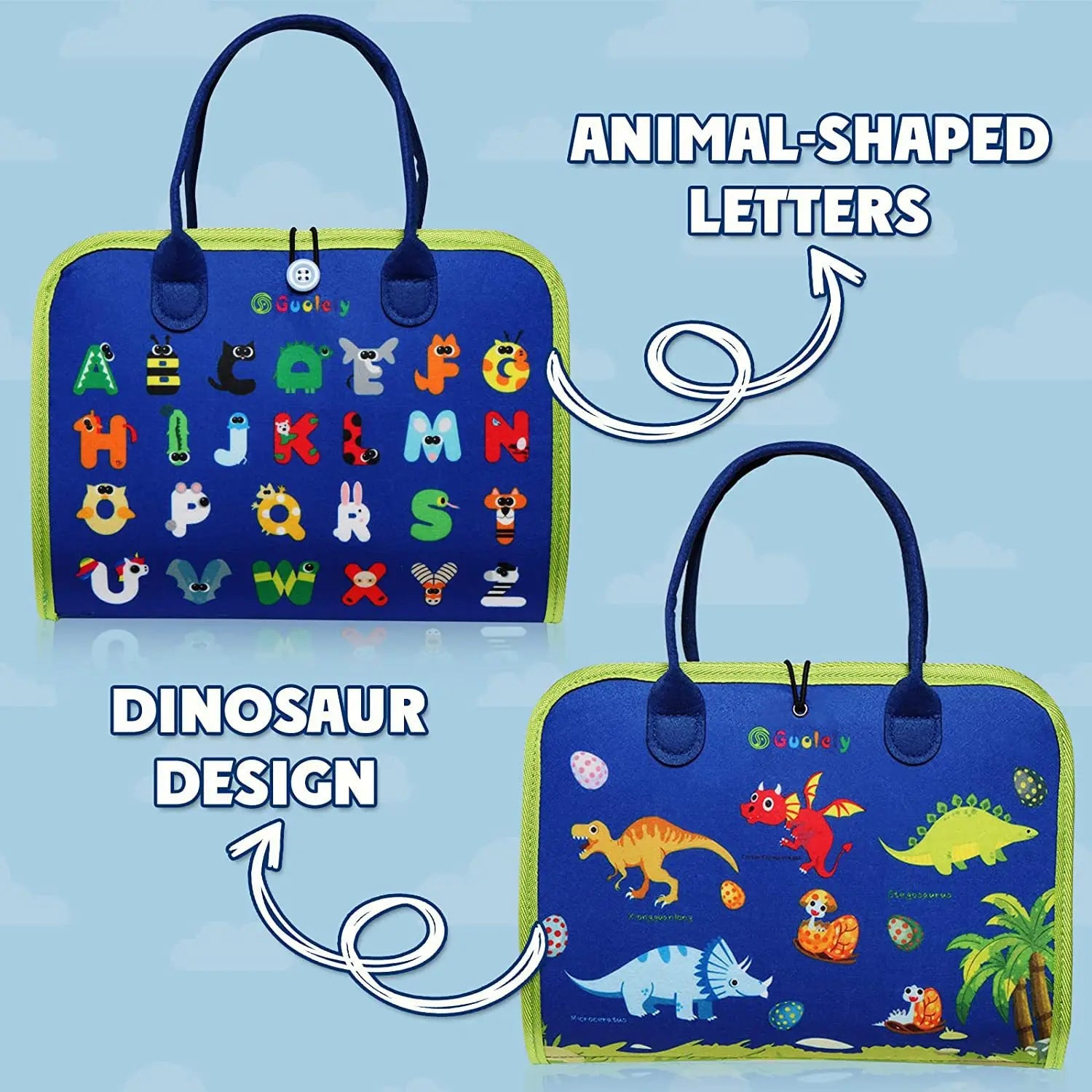 Two blue bags with animal-shaped letters and dinosaur design on a light blue background