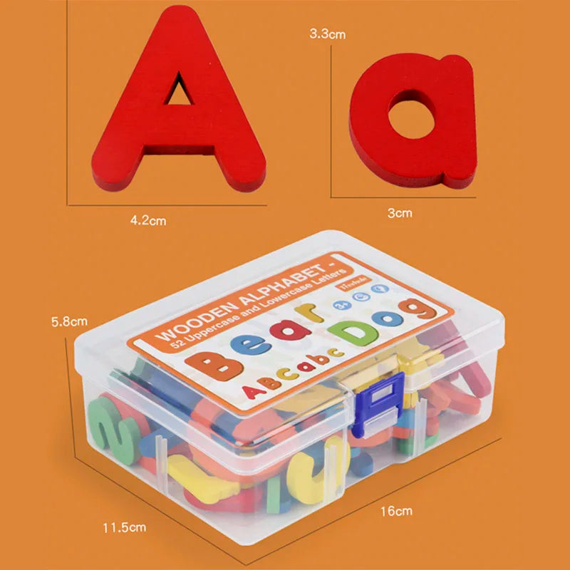 Box of colorful wooden alphabet letters with measurements on an orange background