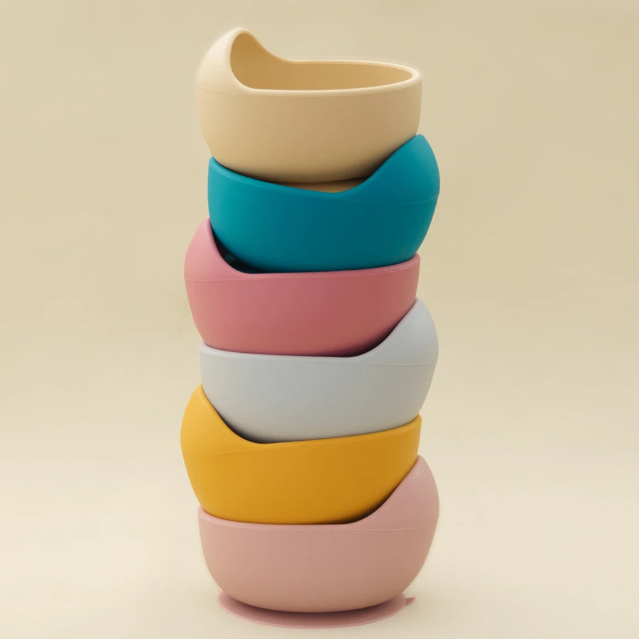 Stack of silicone suction bowls in six colors