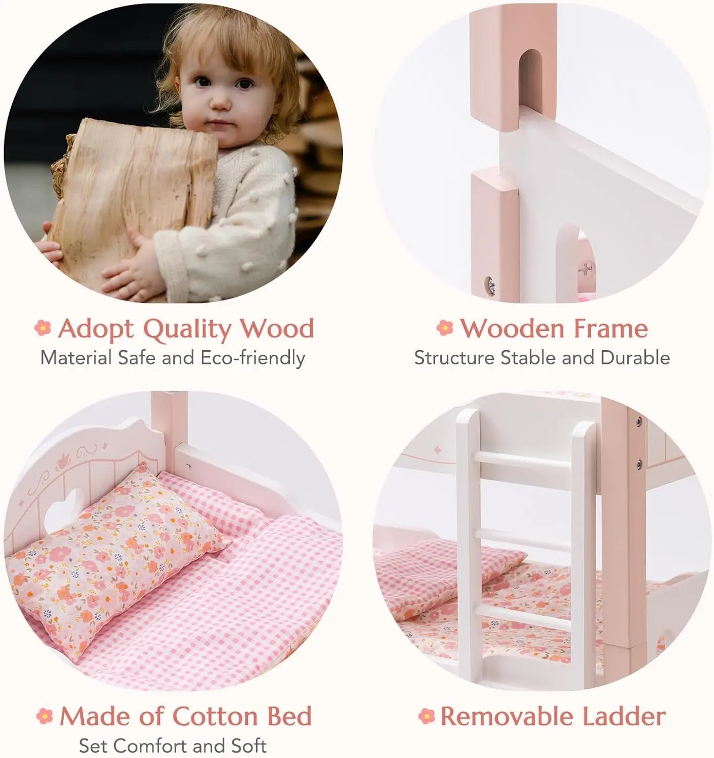 Collage of a child with a wooden toy, a wooden frame, a cotton bed, and a removable ladder, highlighting features like quality wood, wooden frame, cotton bed, and removable ladder.