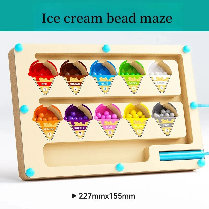 Ice cream bead maze toy with colorful beads and labeled cones on a white background