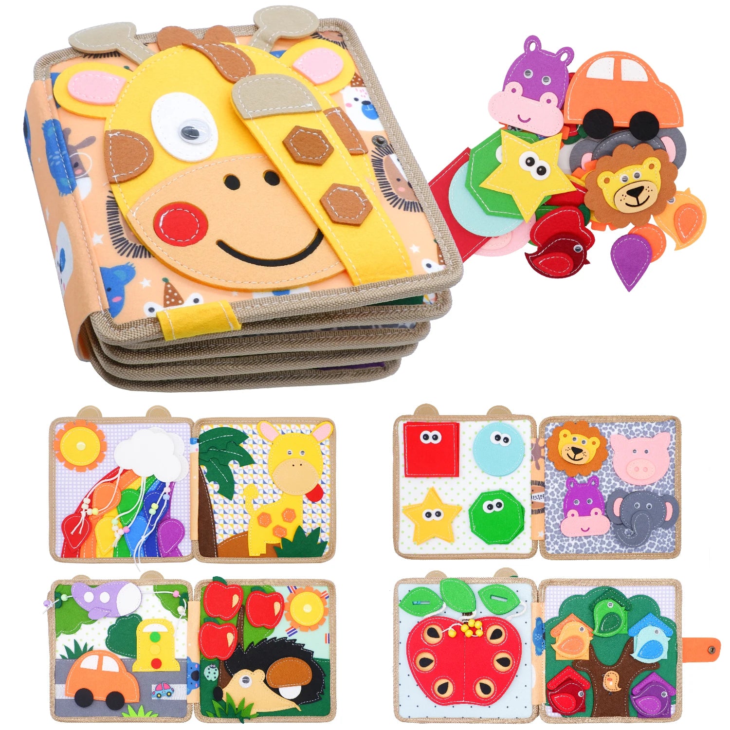 Set of children's educational puzzles with animal and shape designs on a white background