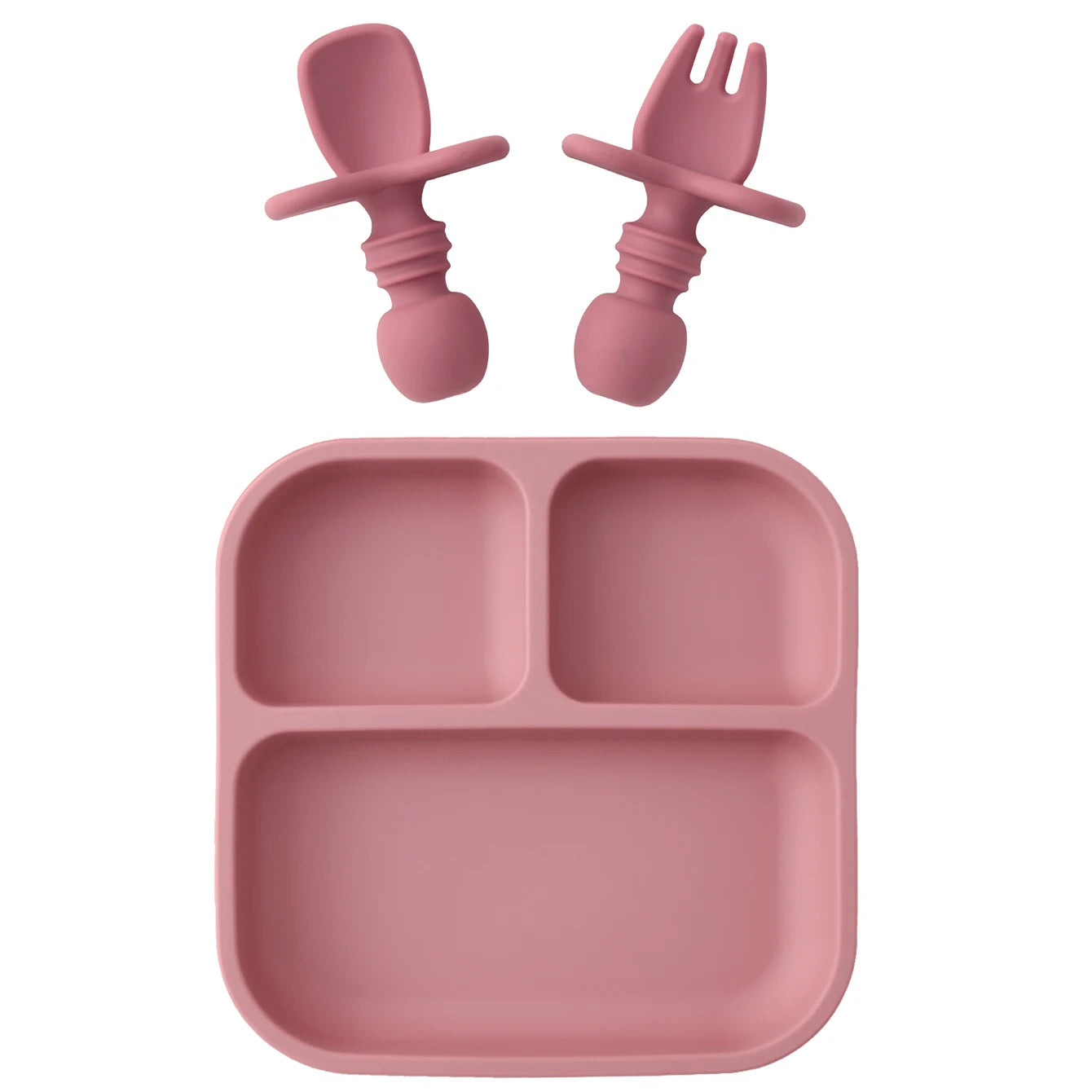 Pink children's plate with fork and spoon on a white background