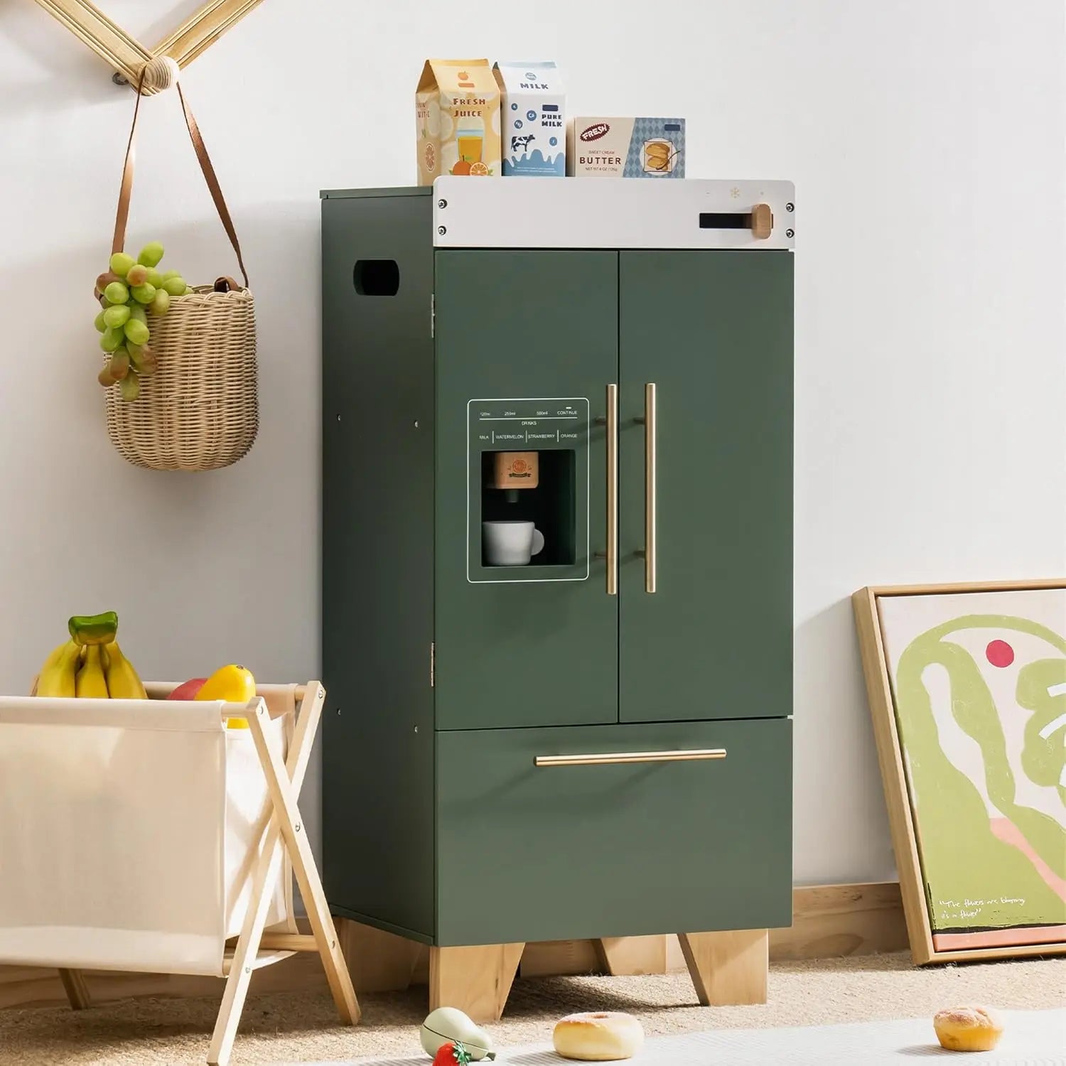 Green refrigerator with coffee machine in a kitchen setting