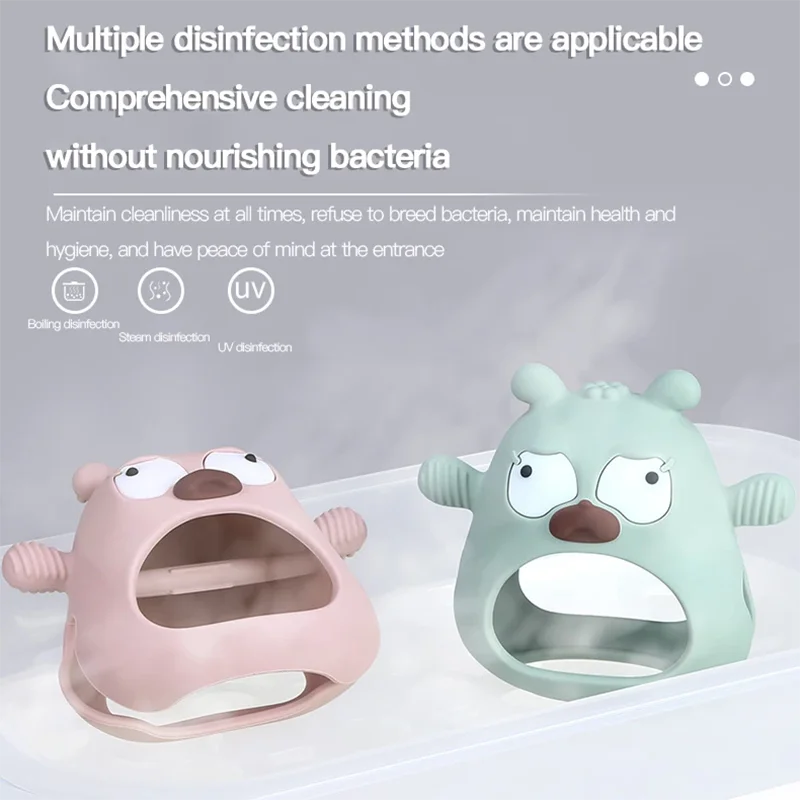 Two cartoonish hand sanitizers, one pink and one green, on a light gray background with text about disinfection methods.