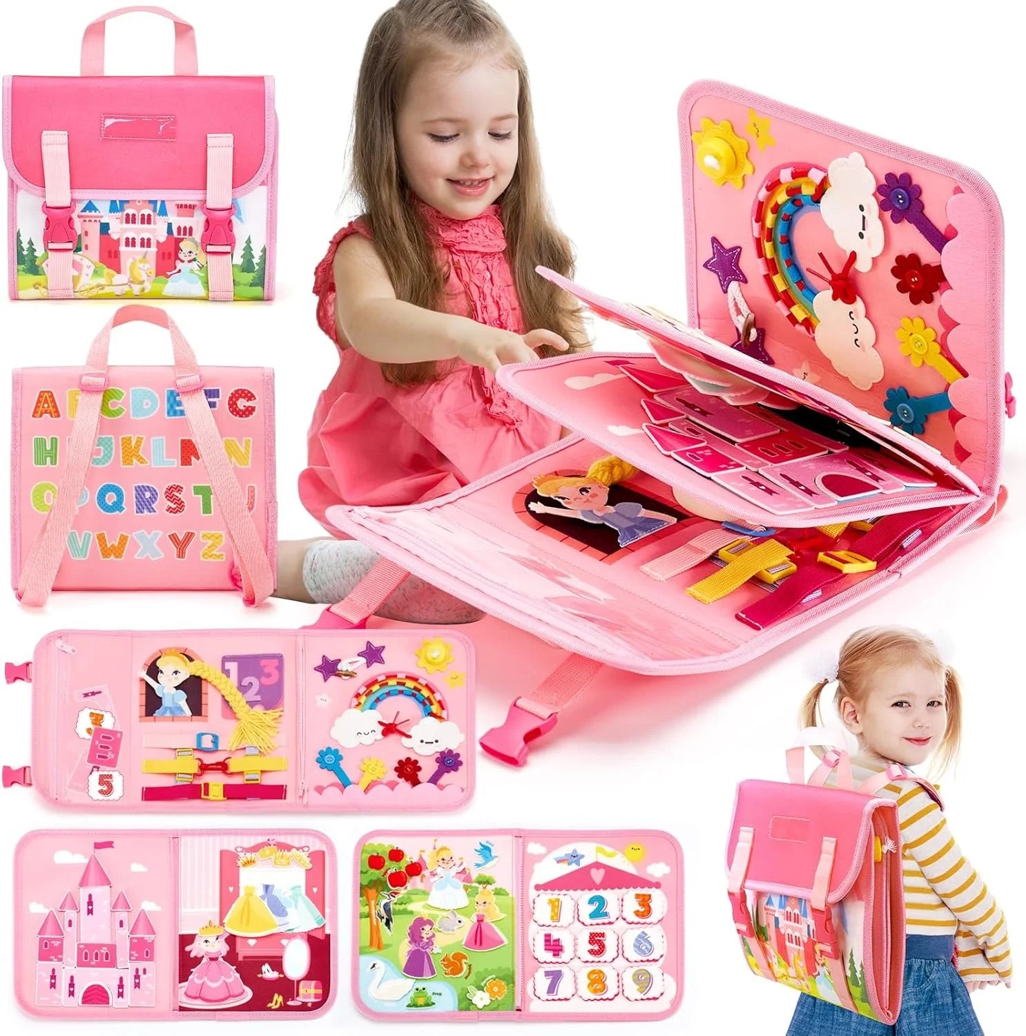 Children's educational toy set with pink laptop, backpack, and books on a white background