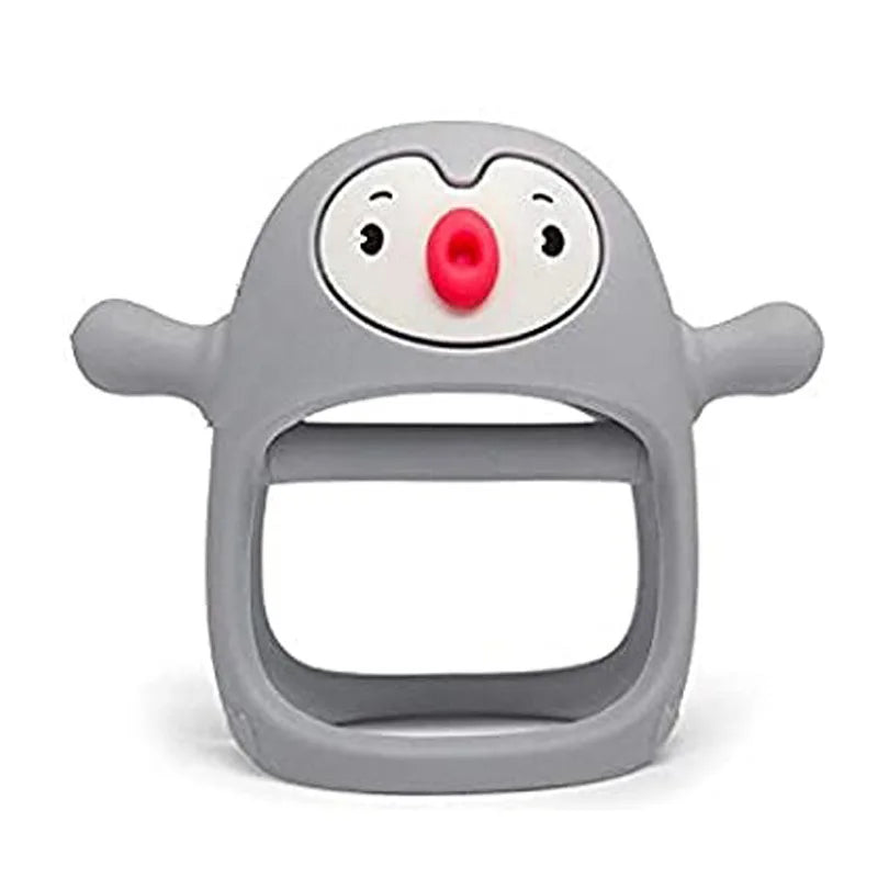 Gray baby teether with a cartoon face on a white background