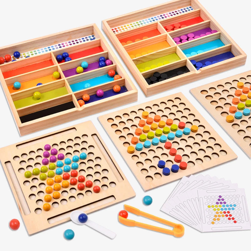 Set of wooden educational toys with colorful beads on a white background