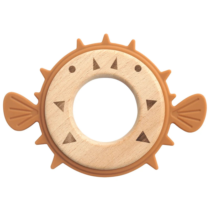 Spiced pumpkin pufferfish teether with wooden ring