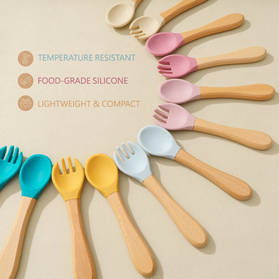Silicone spoons and forks with wooden handles