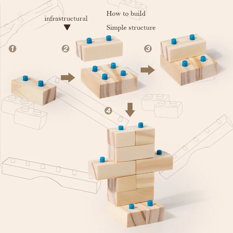 The Little Architect Wooden Building Blocks: Montessori educational toy for kids. Durable natural wood, available in 100, 200, or 300-piece sets.