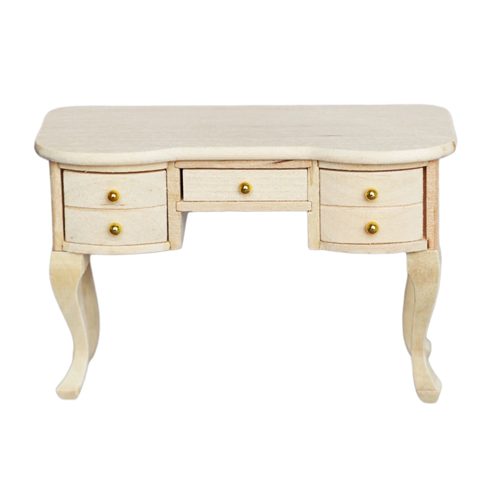 Beige desk with three drawers on a white background