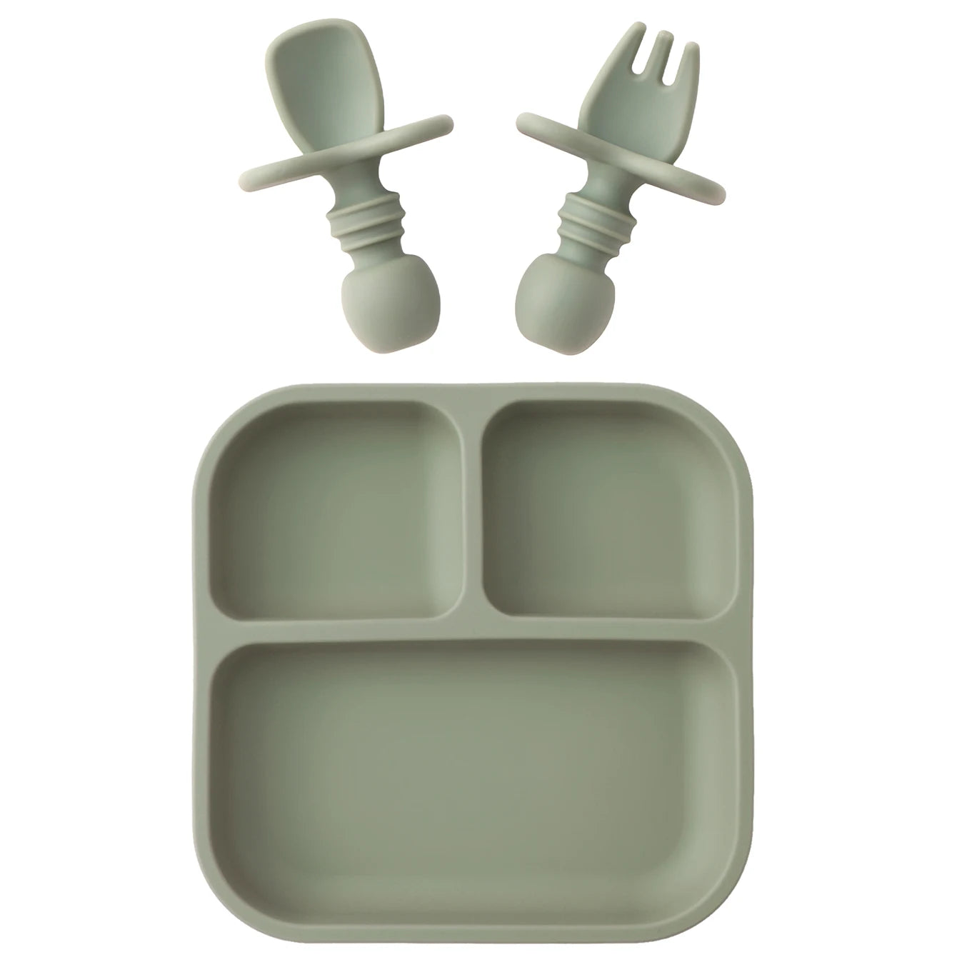 Sage green children's plate with two matching spoons and a fork on a white background