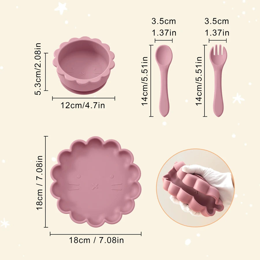 Pink children's餐具 set with measurements on a beige background