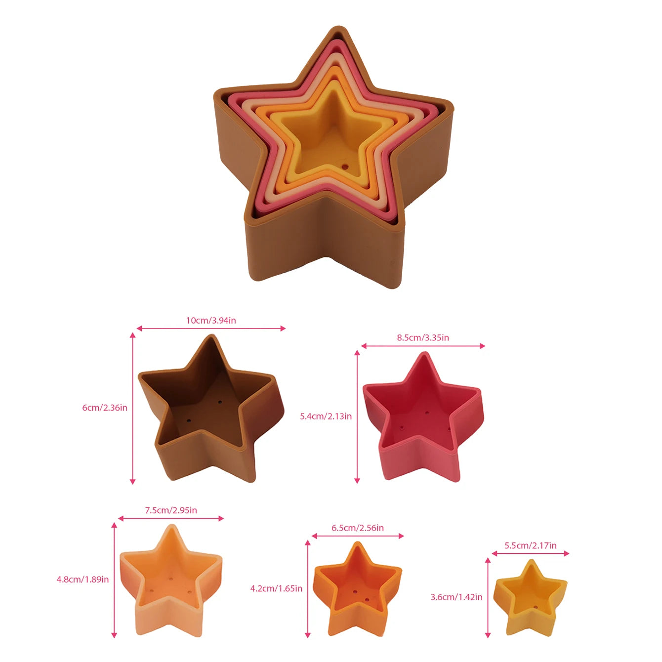 Silicone star stacking cups shown in five graduated sizes