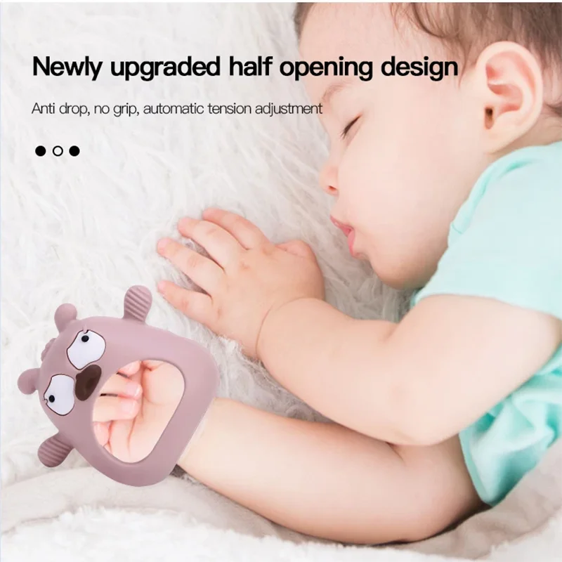 Baby holding a purple cartoonish object with text about product features.