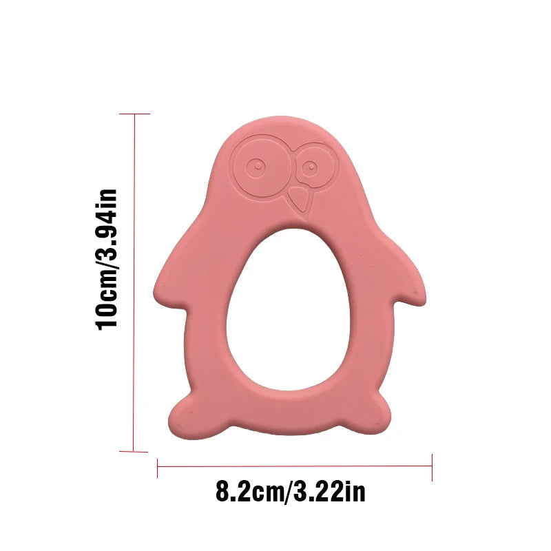 Pink shaped teething ring with measurements on a white background