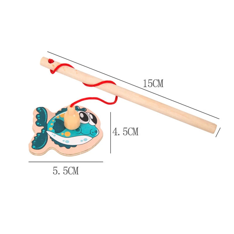 Wooden fishing toy with measurements on a white background