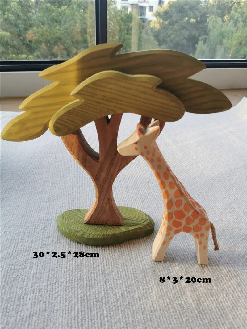 Wooden giraffe and tree toy with measurements on a neutral background