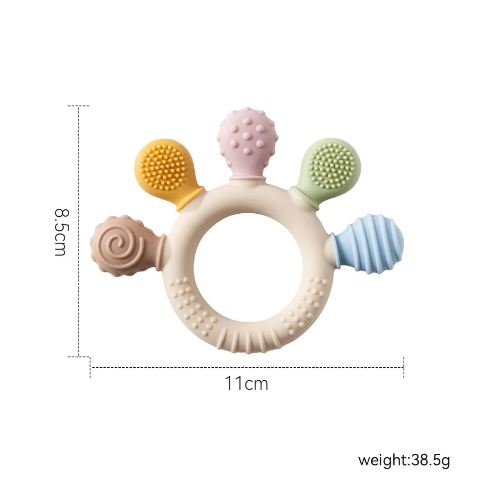 Baby teething ring with colorful textures and dimensions on a white background