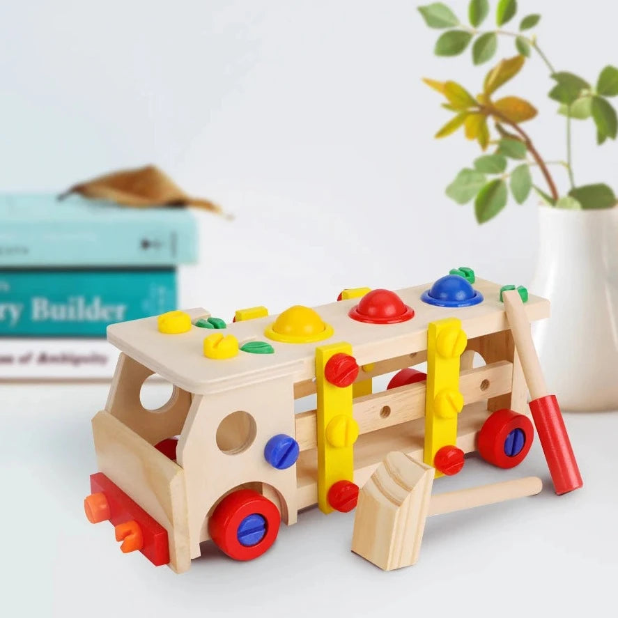 Montessori Truck Building Tools Toy featuring wooden truck with colorful blocks, designed for fine motor skills and cognitive development in toddlers.