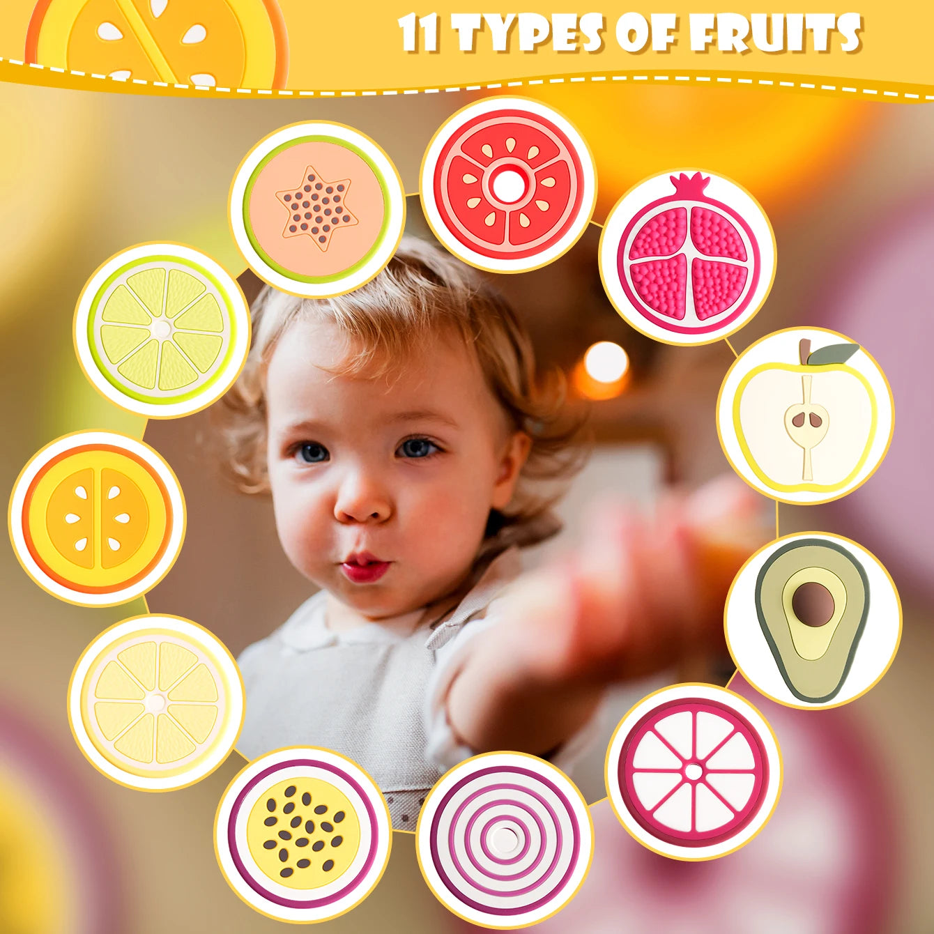 Child with fruit illustrations and text '11 Types of Fruits' on a colorful background