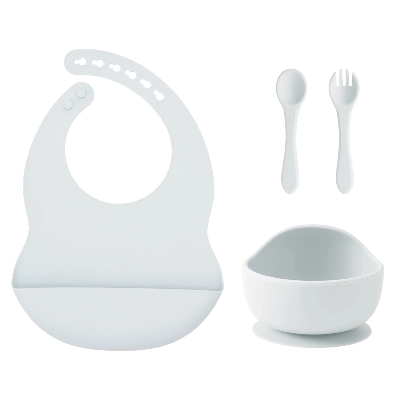 Grey Blue silicone bib, suction bowl, spoon and fork set