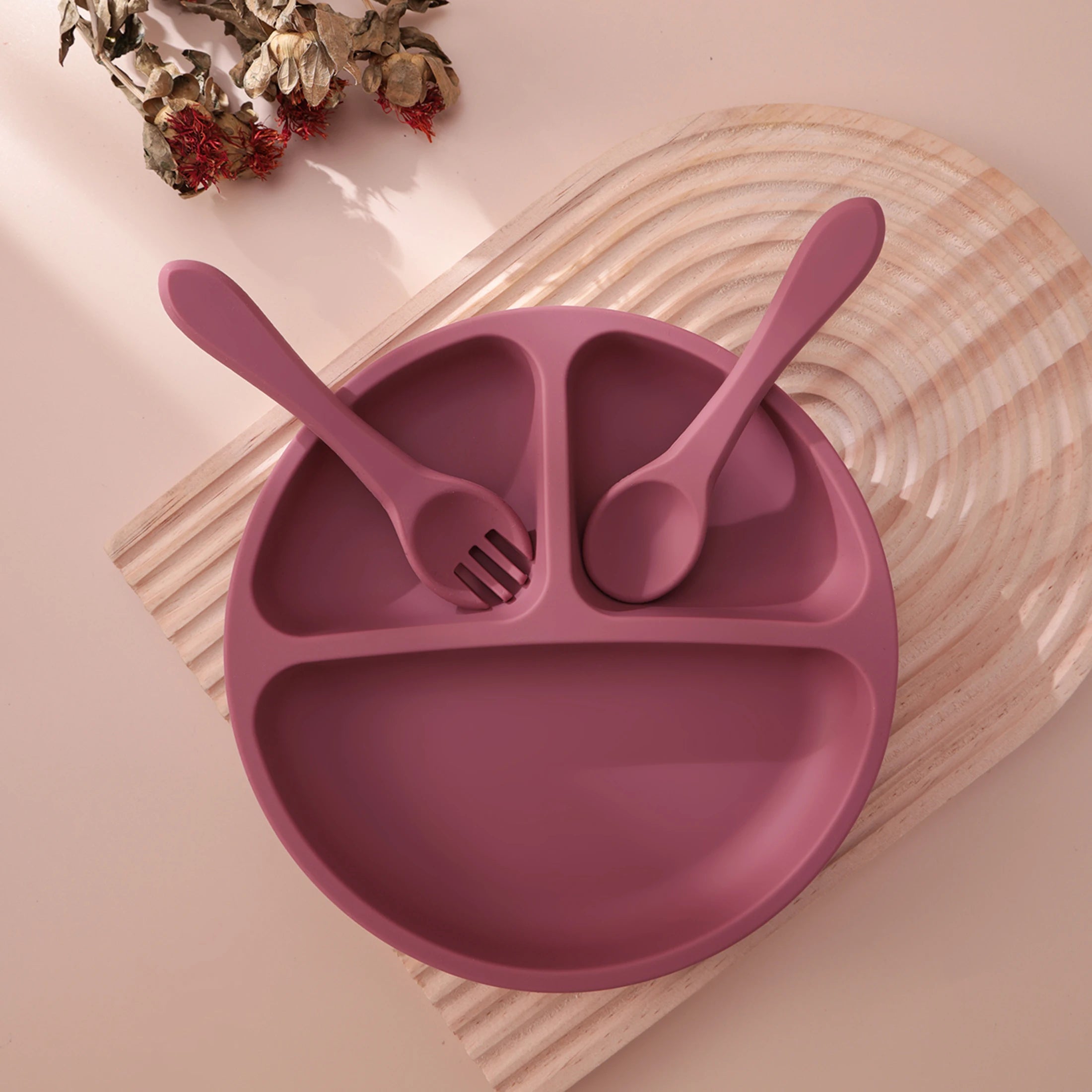 Plum plate with matching spoon and fork