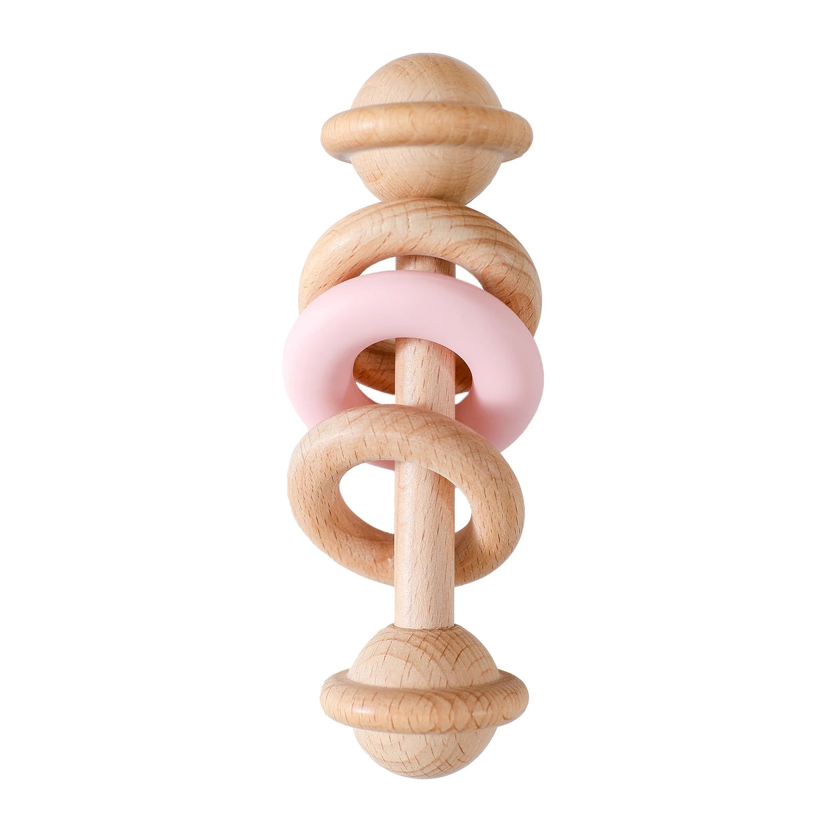 Wooden Baby Rattles with Silicone Rings, featuring tactile silicone and wooden elements, ideal for infants' sensory exploration and motor skill development.